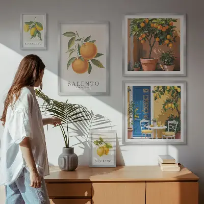 Conjunto de 5 quadros com moldura estilo rústico italiano com tema frutado