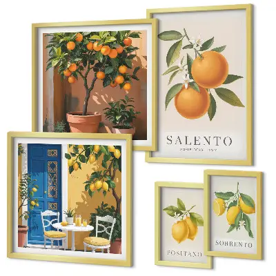 Conjunto de 5 quadros com moldura estilo rústico italiano com tema frutado