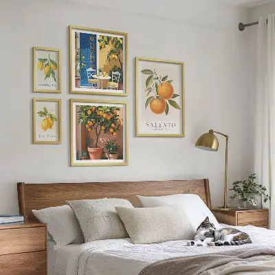 Conjunto de 5 quadros com moldura estilo rústico italiano com tema frutado