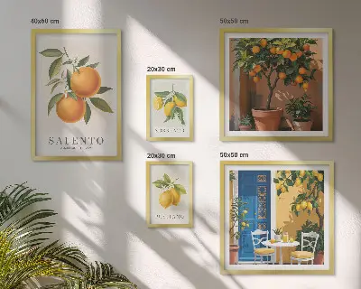 Conjunto de 5 quadros com moldura estilo rústico italiano com tema frutado