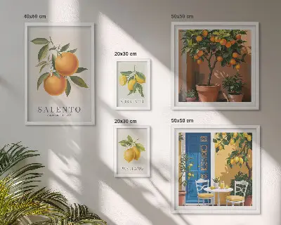 Conjunto de 5 quadros com moldura estilo rústico italiano com tema frutado