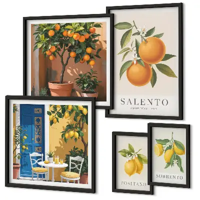 Conjunto de 5 quadros com moldura estilo rústico italiano com tema frutado