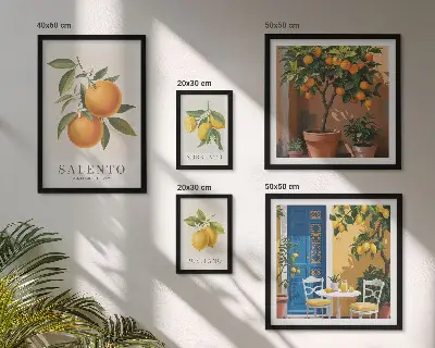 Conjunto de 5 quadros com moldura estilo rústico italiano com tema frutado