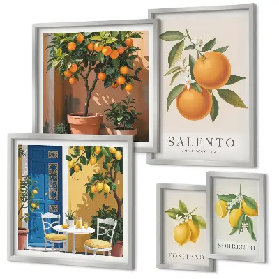 Conjunto de 5 quadros com moldura estilo rústico italiano com tema frutado