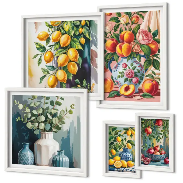 Conjunto de 5 quadros decorativos com estampas de composições florais frutadas
