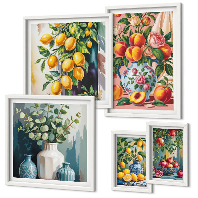 Conjunto de 5 quadros decorativos Composições florais frutadas