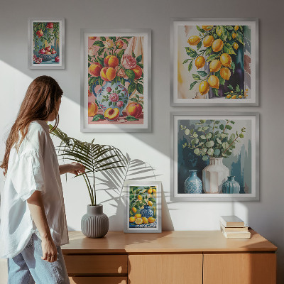 Conjunto de 5 quadros decorativos Composições florais frutadas