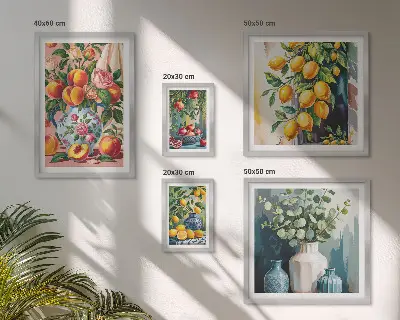 Conjunto de 5 quadros decorativos com estampas de composições florais frutadas