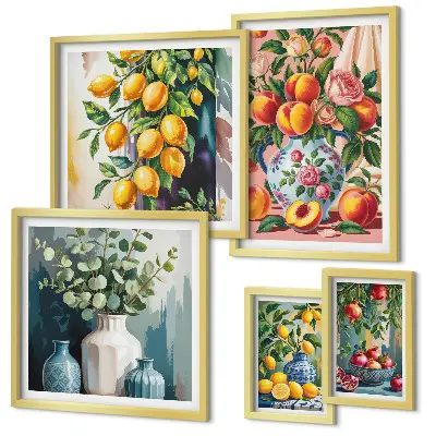 Conjunto de 5 quadros decorativos com estampas de composições florais frutadas