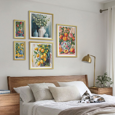 Conjunto de 5 quadros decorativos Composições florais frutadas