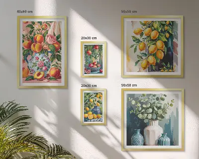 Conjunto de 5 quadros decorativos com estampas de composições florais frutadas