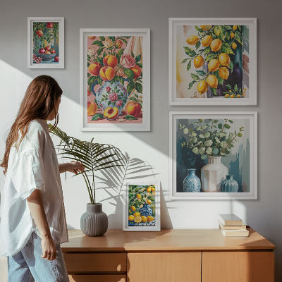 Conjunto de 5 quadros decorativos Composições florais frutadas
