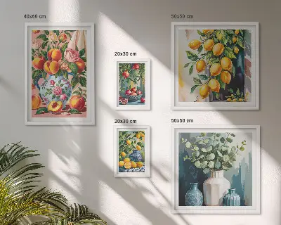 Conjunto de 5 quadros decorativos com estampas de composições florais frutadas