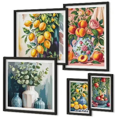 Conjunto de 5 quadros decorativos com estampas de composições florais frutadas