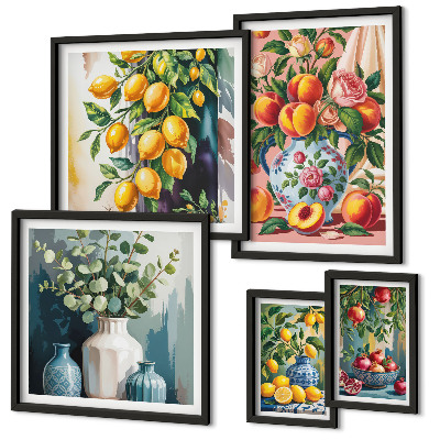 Conjunto de 5 quadros decorativos Composições florais frutadas