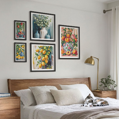 Conjunto de 5 quadros decorativos Composições florais frutadas