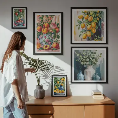 Conjunto de 5 quadros decorativos com estampas de composições florais frutadas