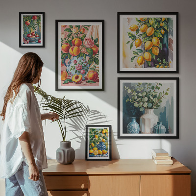 Conjunto de 5 quadros decorativos Composições florais frutadas