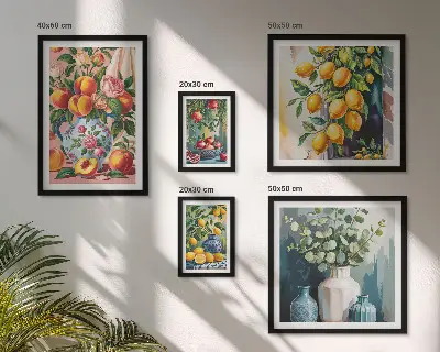 Conjunto de 5 quadros decorativos com estampas de composições florais frutadas