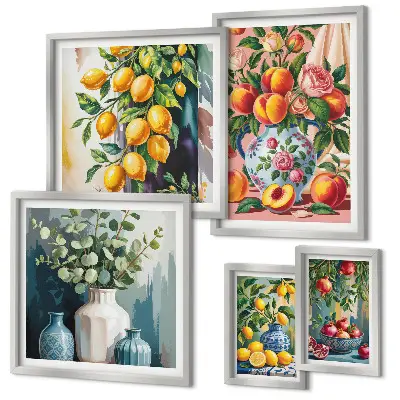 Conjunto de 5 quadros decorativos com estampas de composições florais frutadas