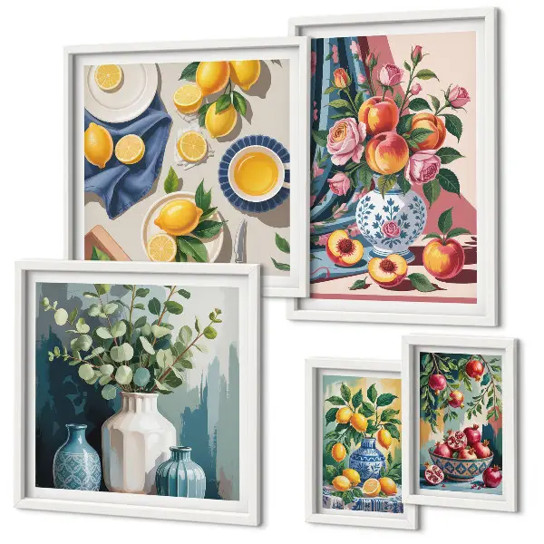 Galeria de quadros para parede com composições de flores e frutas
