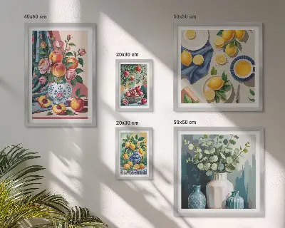 Galeria de quadros para parede com composições de flores e frutas