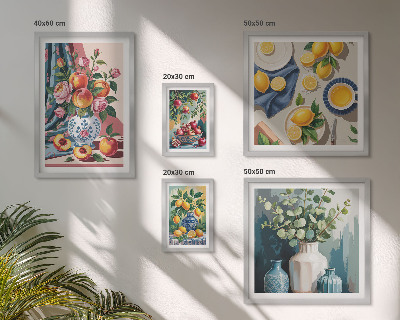 Parede galeria de quadros composições florais de frutas