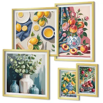 Galeria de quadros para parede com composições de flores e frutas