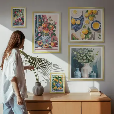 Galeria de quadros para parede com composições de flores e frutas