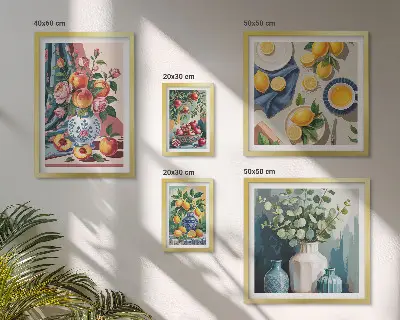Galeria de quadros para parede com composições de flores e frutas