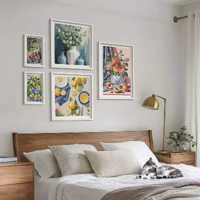 Galeria de quadros para parede com composições de flores e frutas