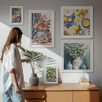 Galeria de quadros para parede com composições de flores e frutas
