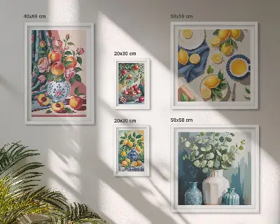 Galeria de quadros para parede com composições de flores e frutas