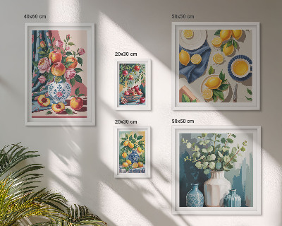 Parede galeria de quadros composições florais de frutas