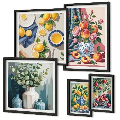 Galeria de quadros para parede com composições de flores e frutas