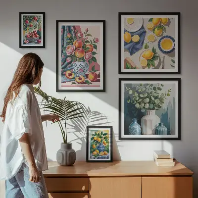 Galeria de quadros para parede com composições de flores e frutas