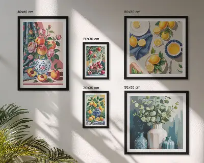 Galeria de quadros para parede com composições de flores e frutas
