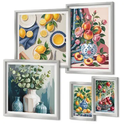 Galeria de quadros para parede com composições de flores e frutas