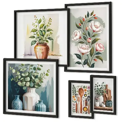 Conjunto de 5 quadros com moldura de decorações de cozinha com plantas estilosas