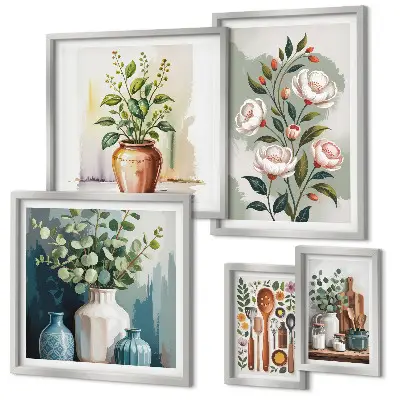 Conjunto de 5 quadros com moldura de decorações de cozinha com plantas estilosas