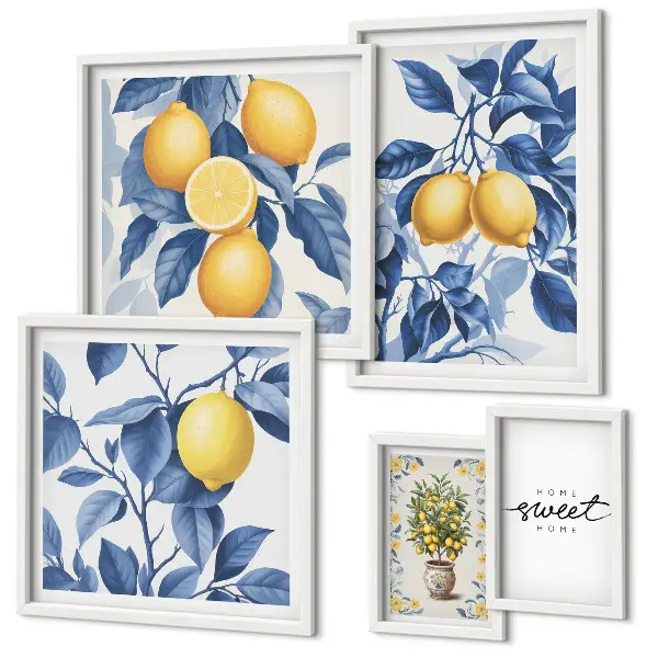Conjunto de 5 quadros com moldura com detalhes rústicos em limão