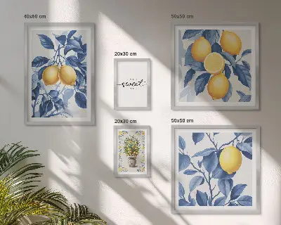 Conjunto de 5 quadros com moldura com detalhes rústicos em limão
