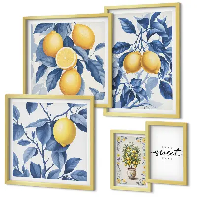 Conjunto de 5 quadros com moldura com detalhes rústicos em limão