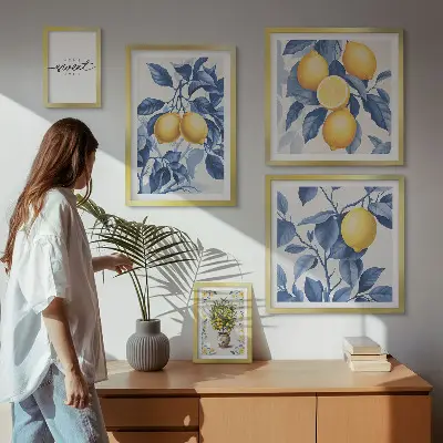 Conjunto de 5 quadros com moldura com detalhes rústicos em limão