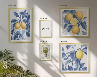 Conjunto de 5 quadros com moldura com detalhes rústicos em limão