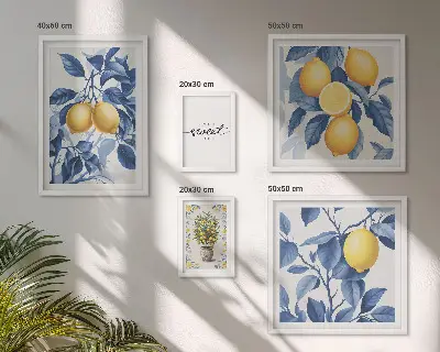 Conjunto de 5 quadros com moldura com detalhes rústicos em limão