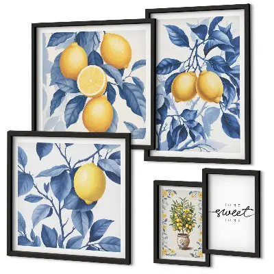 Conjunto de 5 quadros com moldura com detalhes rústicos em limão