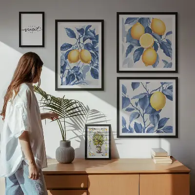 Conjunto de 5 quadros com moldura com detalhes rústicos em limão