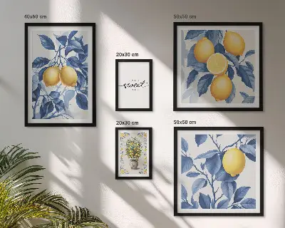 Conjunto de 5 quadros com moldura com detalhes rústicos em limão
