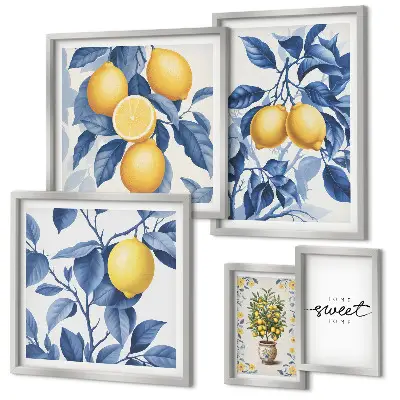 Conjunto de 5 quadros com moldura com detalhes rústicos em limão
